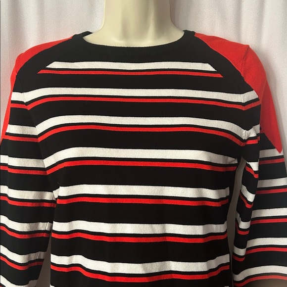 Karen Millen NWT Black/Orange/White Striped Long Sleeve Sweater Shirt Top - Picture 3 of 5